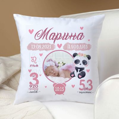 Възглавница бебешка визитка със снимка - Панда с цветя